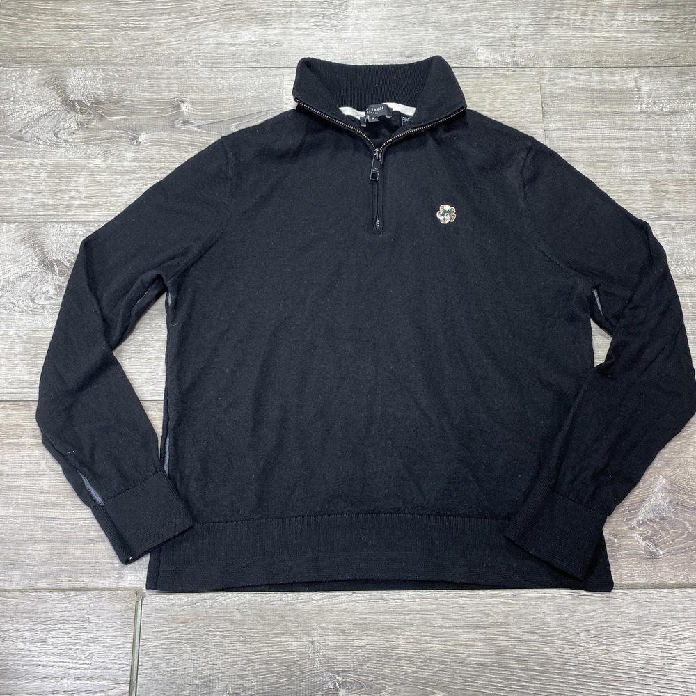 Ted Baker Sweater Mens 2XL Black 100% Wool Knit Half Zip Mock Neck‎ Floral Logo